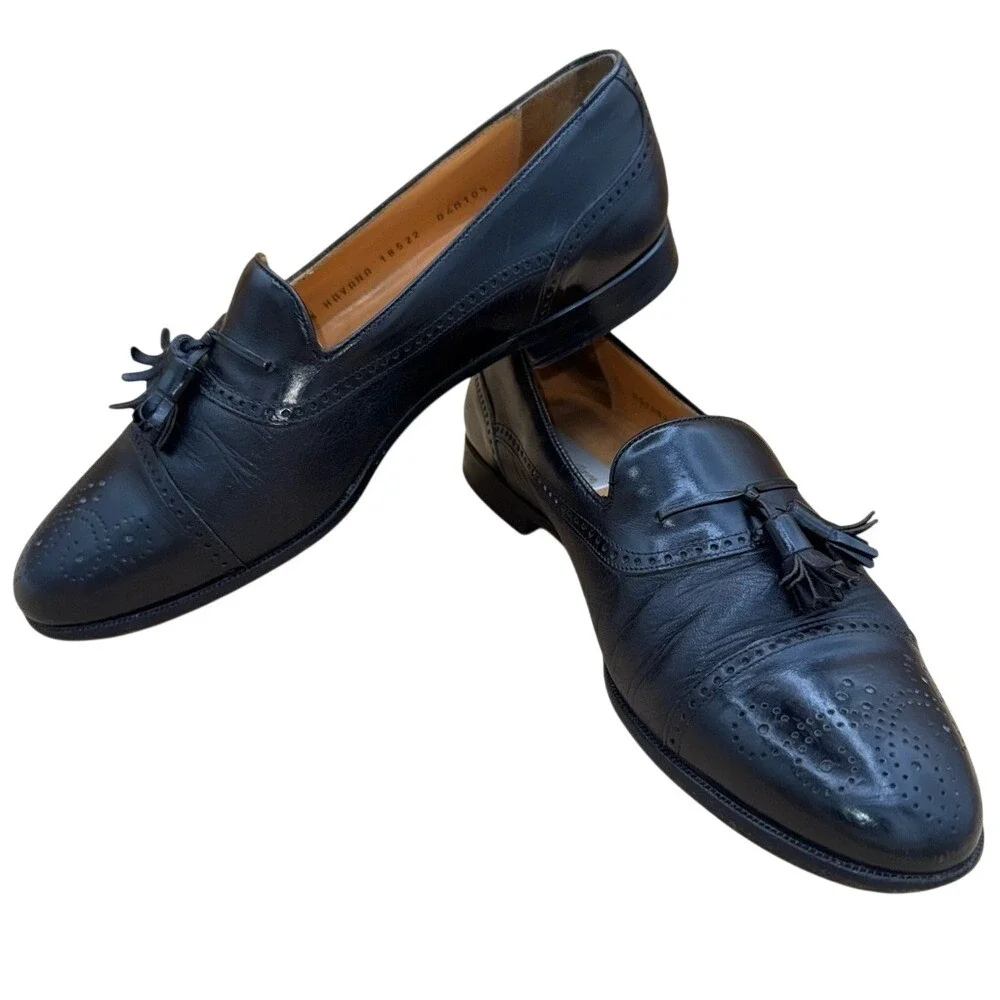 MEZLAN Havana Kiltie Tassel Black Leather Cap-toe Black Loafers, Men's 10.5, EUC